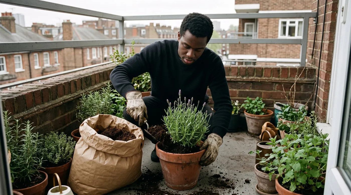 Man potting lavender into a terracotta pot with dark peat-free compost on a balcony
