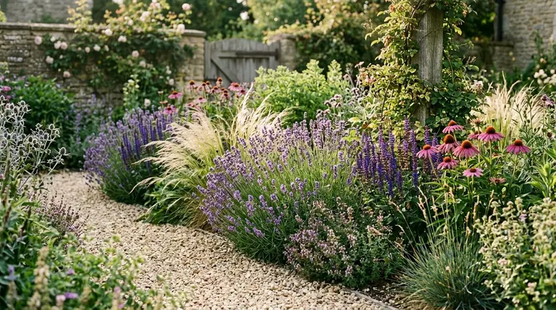 Sustainable UK garden border with drought-tolerant Mediterranean planting featuring lavender stipa grass salvia and