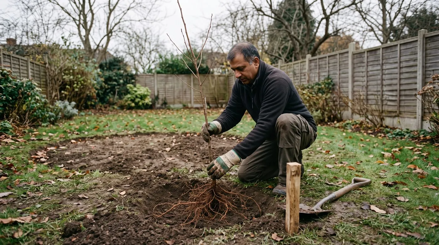 Gardener planting a bare-root sweet chestnut tree into a wide, shallow hole in late autumn