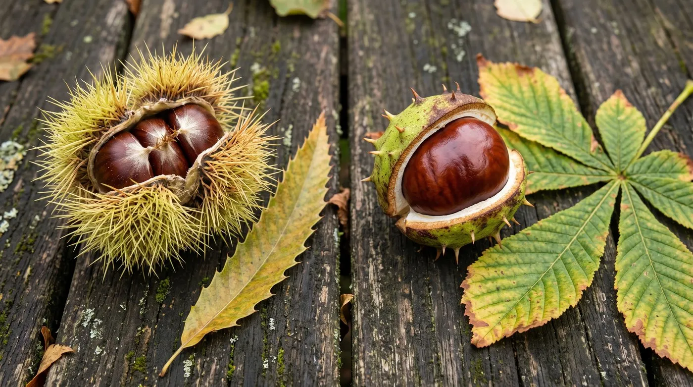 Sweet chestnut burr with fine spines beside a horse chestnut case and conker with short spikes