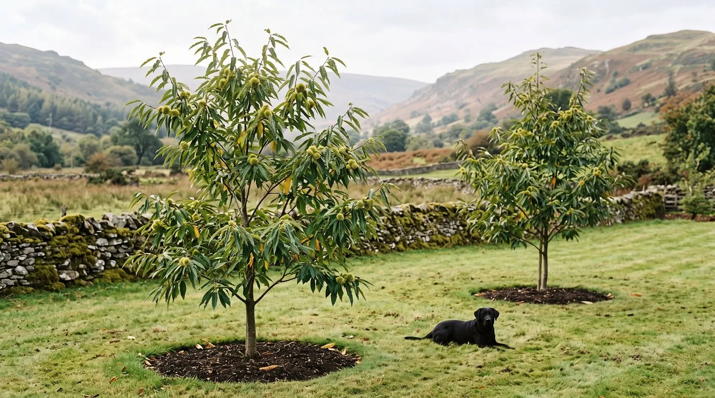 Two young sweet chestnut trees planted well apart on a large lawn with a dog lying nearby