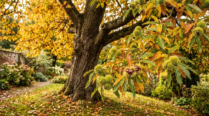 Mature sweet chestnut tree in a UK garden in late October with spiky green burrs splitting to reveal brown nuts on lower
