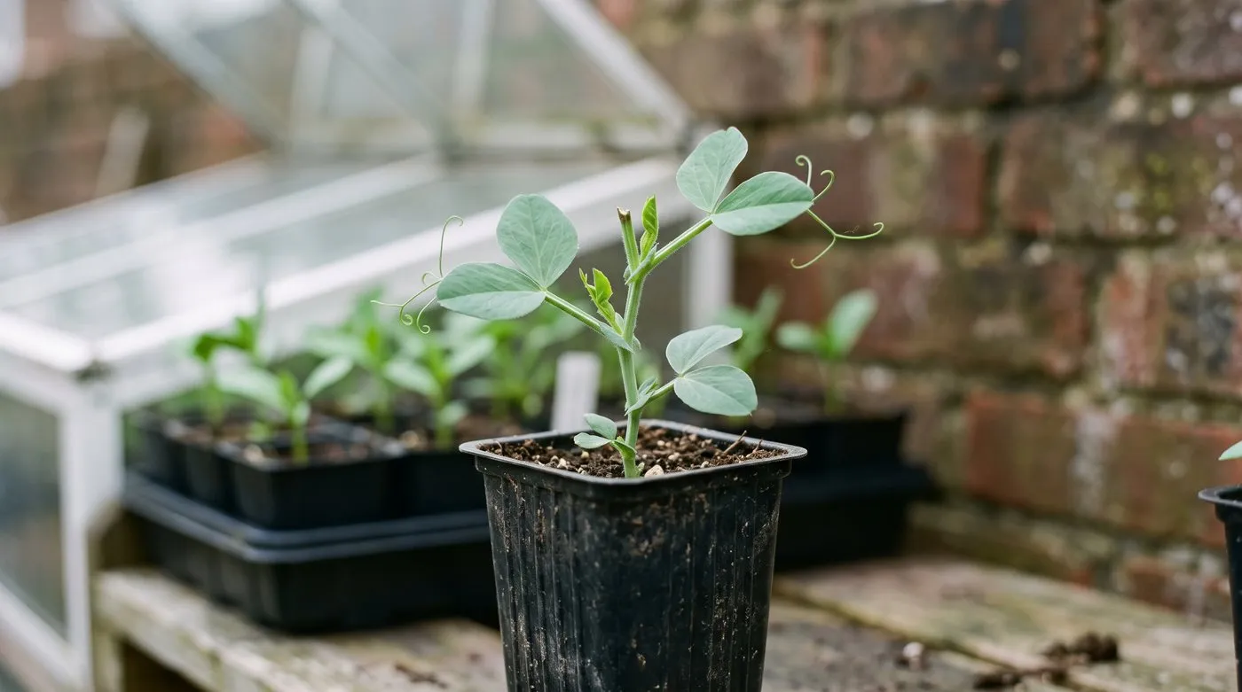 Pinched-out sweet pea seedling with side shoots growing from below the removed tip
