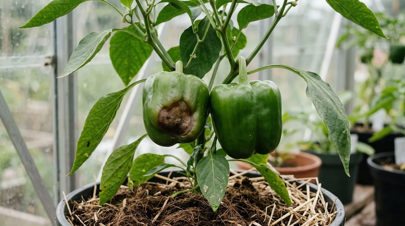 Sweet pepper with a sunken brown leathery patch of blossom end rot beside a healthy fruit