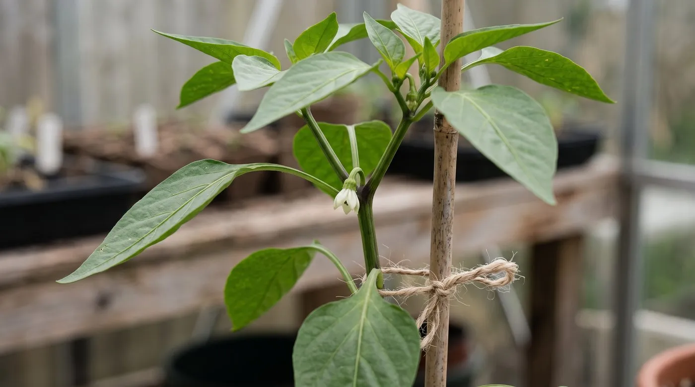 Sweet pepper crown flower bud sitting in the fork where the main stem splits