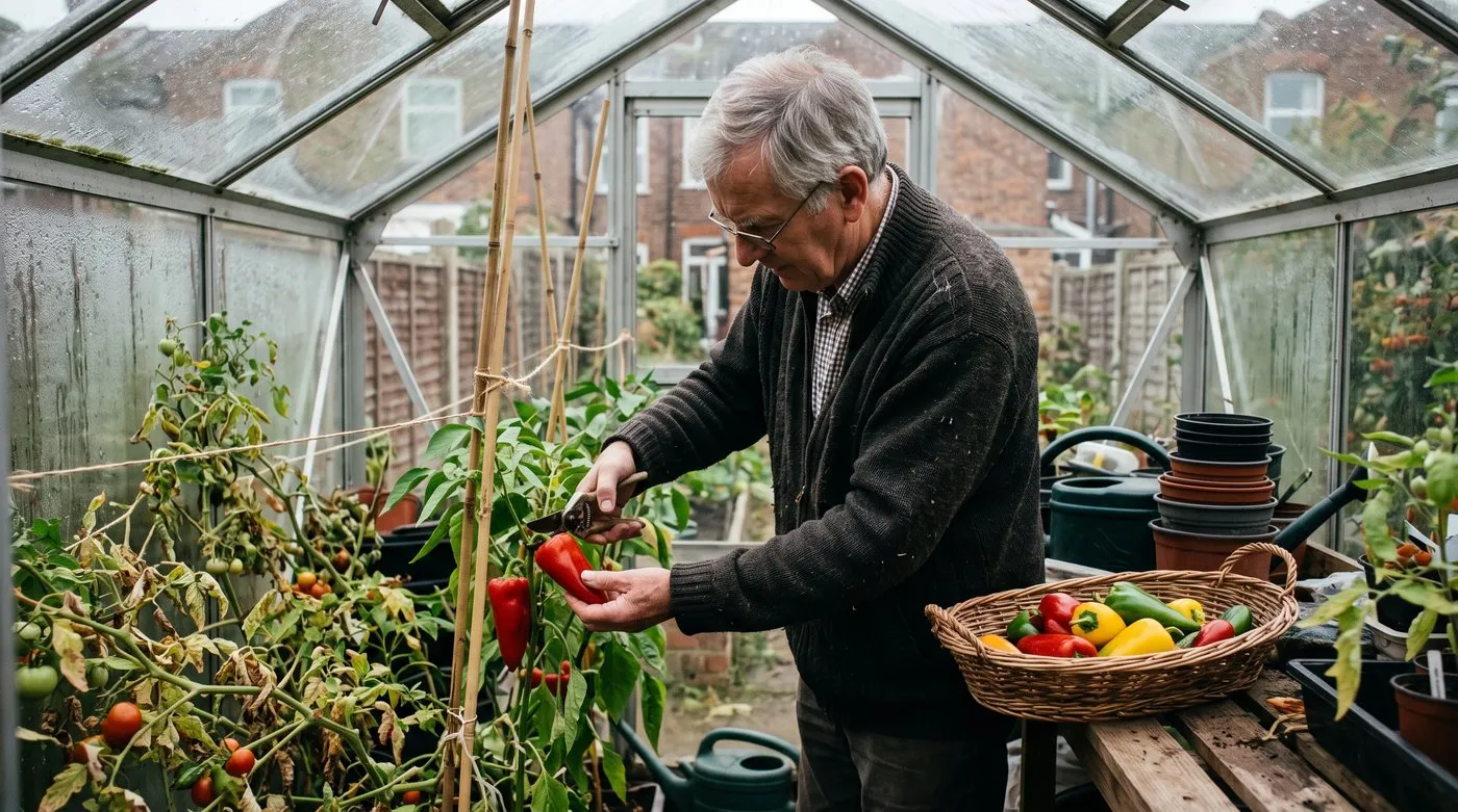 Older gardener cutting a ripe red sweet pepper with secateurs in a small greenhouse