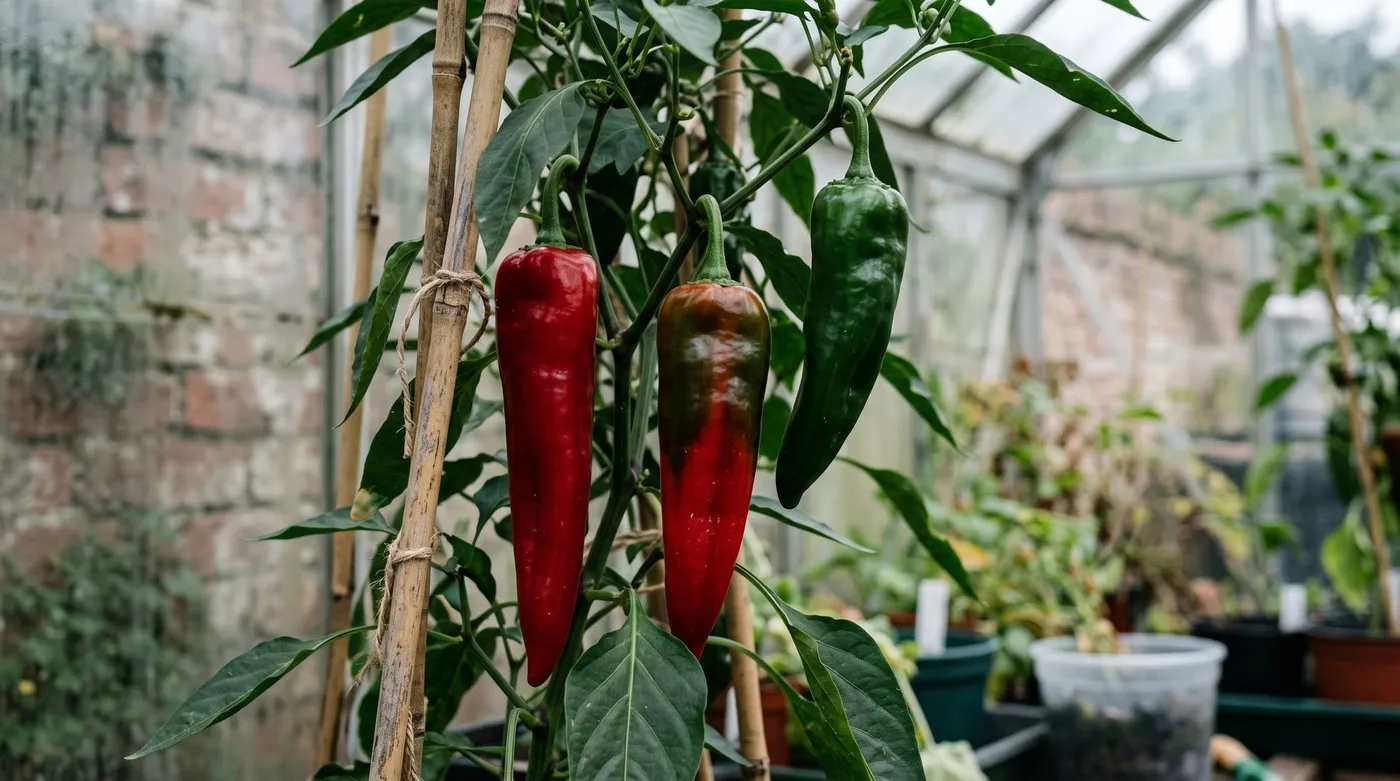 Pointed sweet peppers on a greenhouse plant ripening from green to red in September
