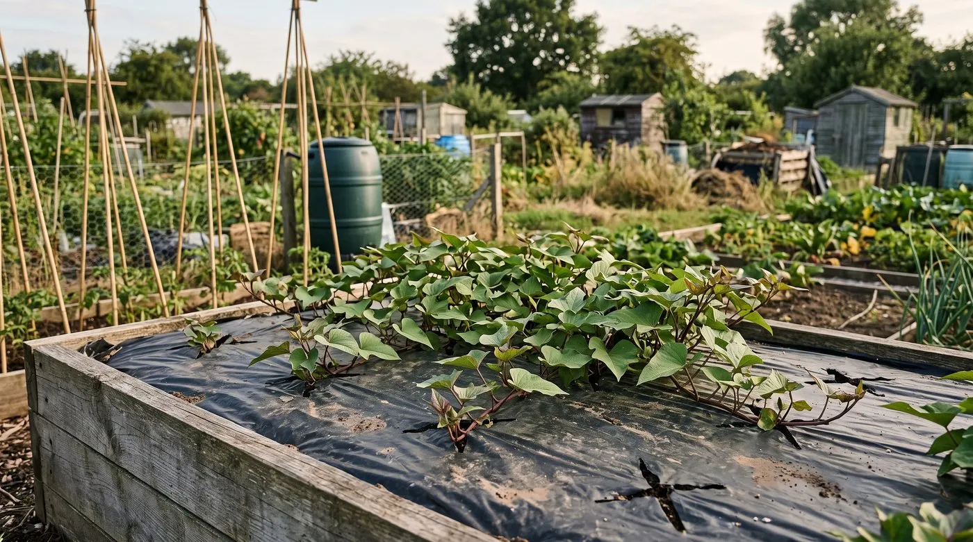 Sweet potato vines spreading from slits in black plastic mulch on a sunny raised bed