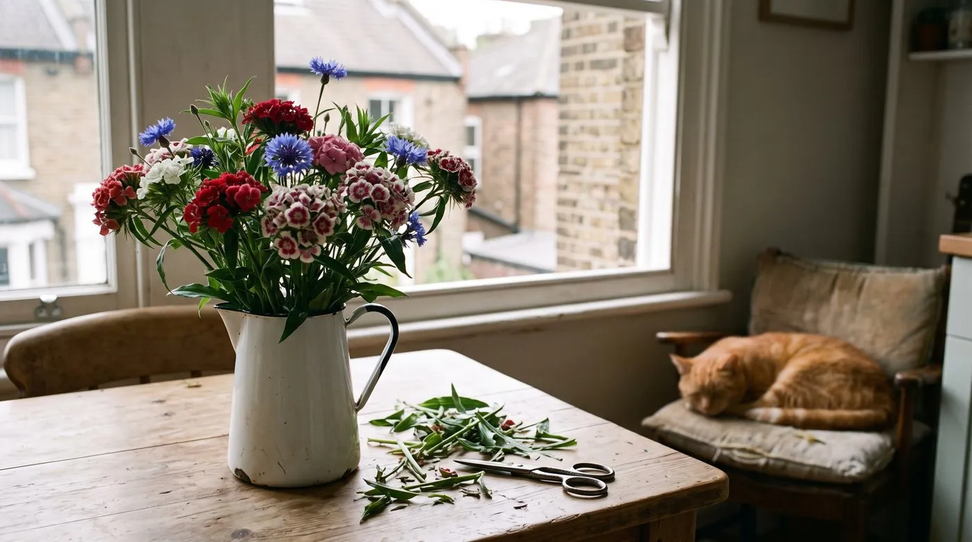 Jug of red, pink and white sweet william with cornflowers on a kitchen table