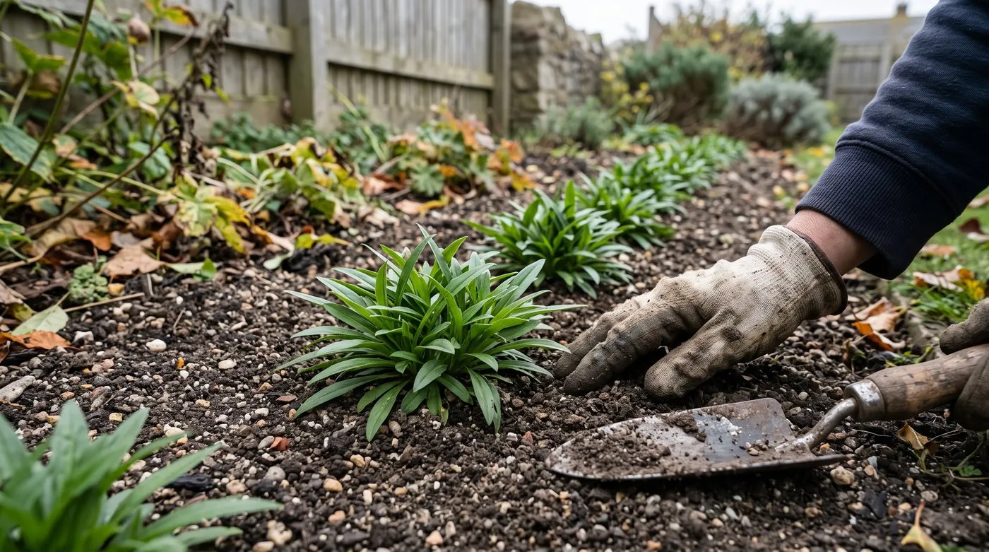 Young leafy sweet william plants spaced about 25cm apart in a border in autumn
