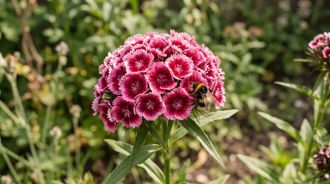 Close-up of a sweet william flower head with fringed pink flowers, dark eyes and white edges