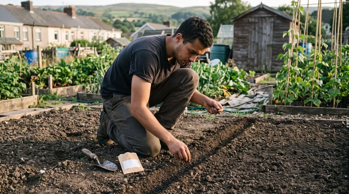 Gardener sowing sweet william seed thinly along a shallow drill in a raked seedbed
