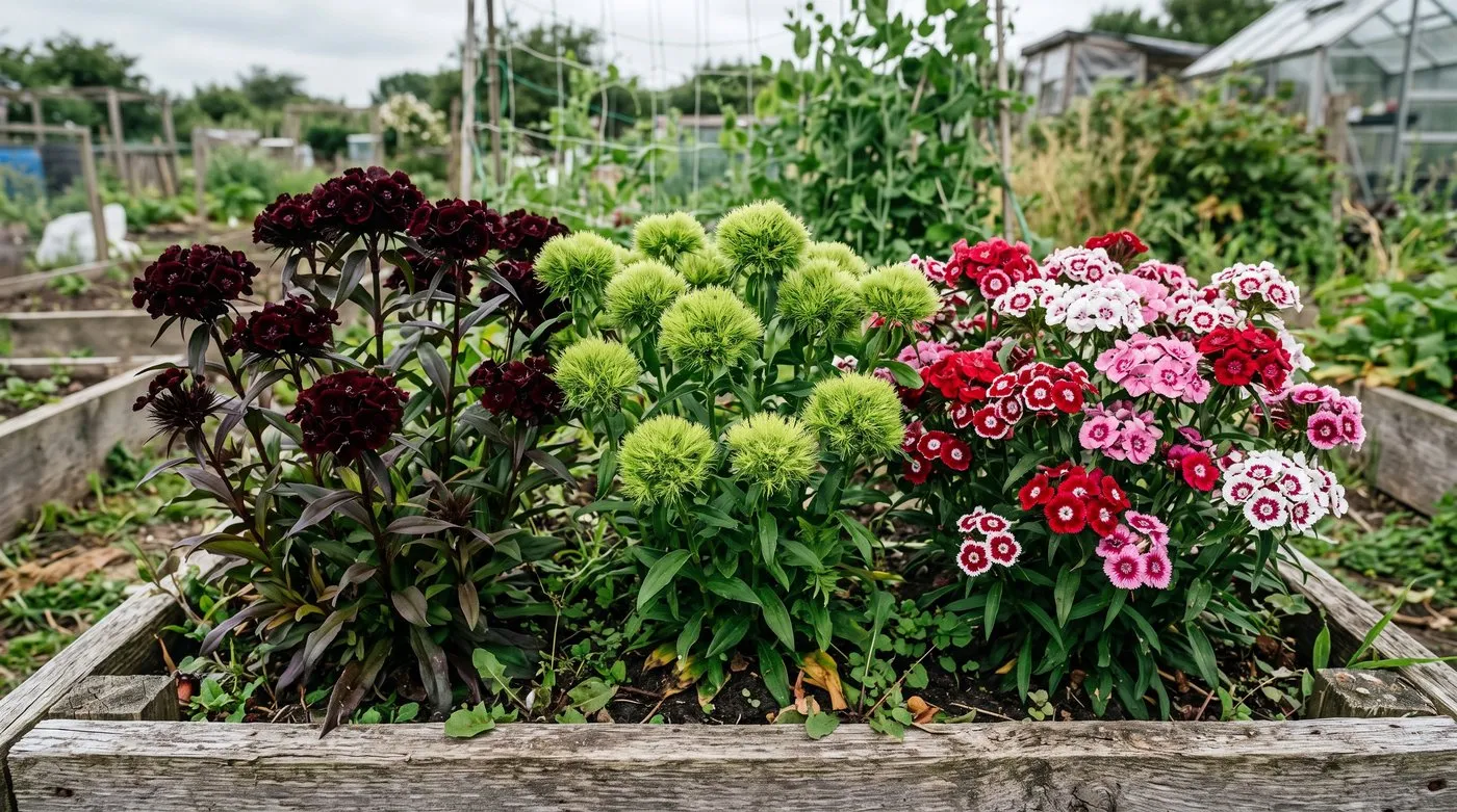 Dark maroon, green pompom and mixed eyed sweet william varieties in a raised allotment bed