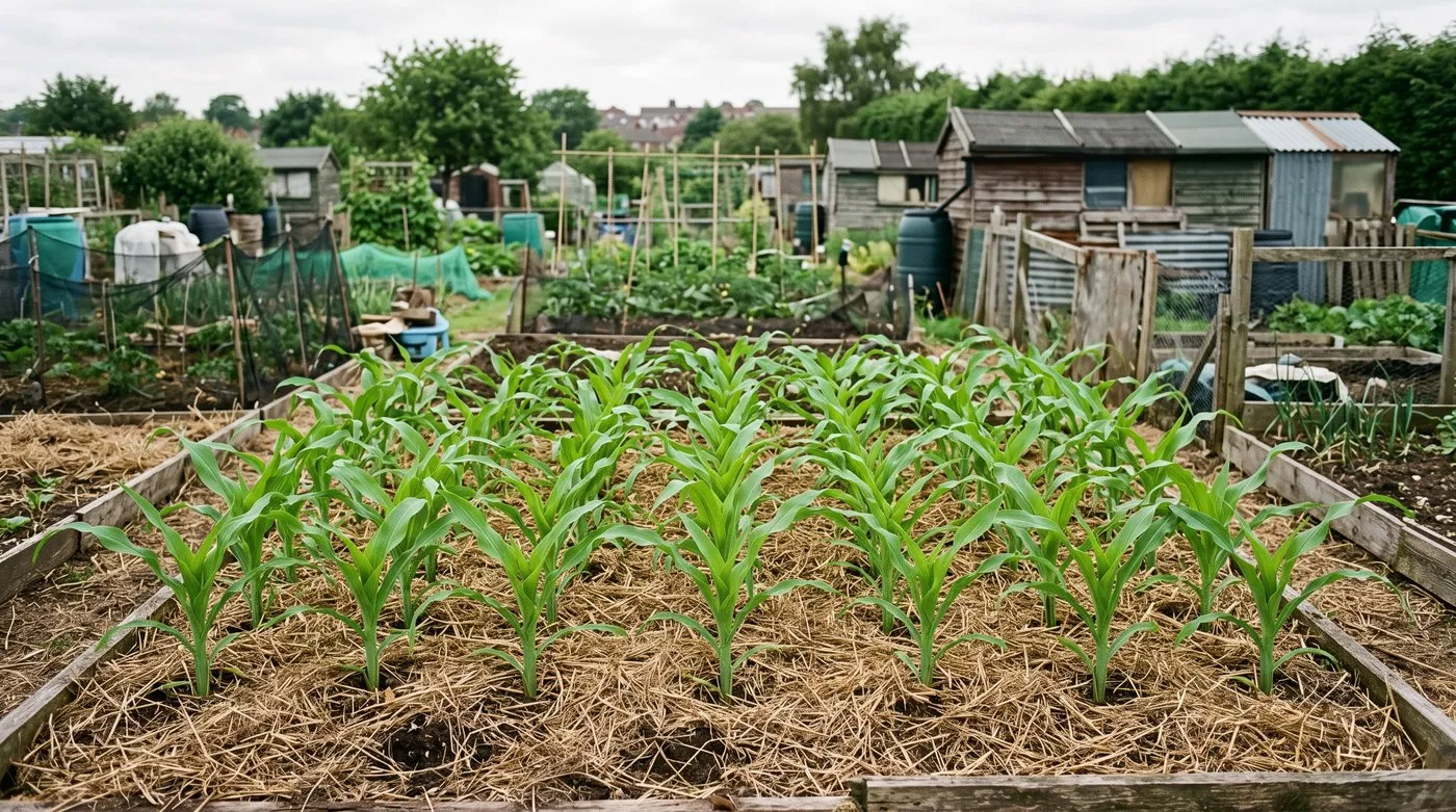 Young sweetcorn planted in a square block, 45cm apart each way, on an allotment