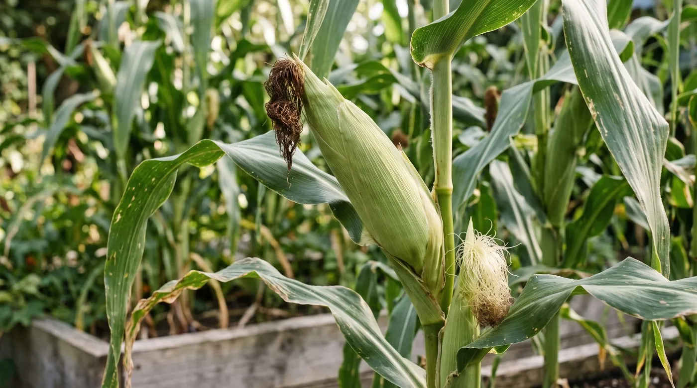 Ripening sweetcorn cob with dark brown dry silks next to a younger cob with pale silks