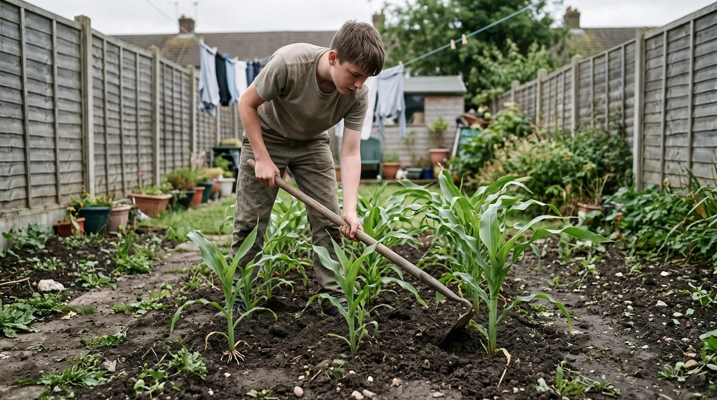 Teenager pulling soil up around young sweetcorn stems with a hoe to steady them