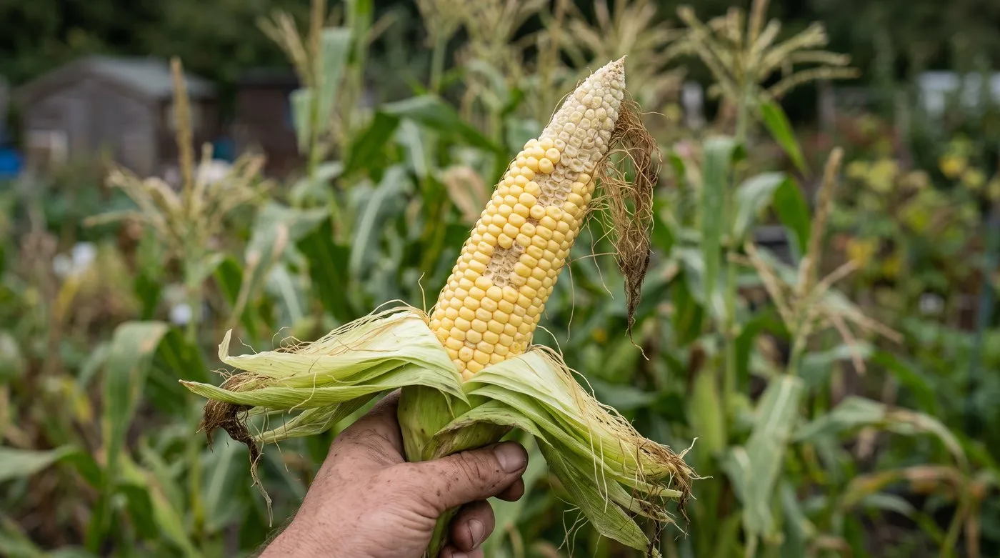 Sweetcorn cob with husk peeled back showing gaps where kernels did not form