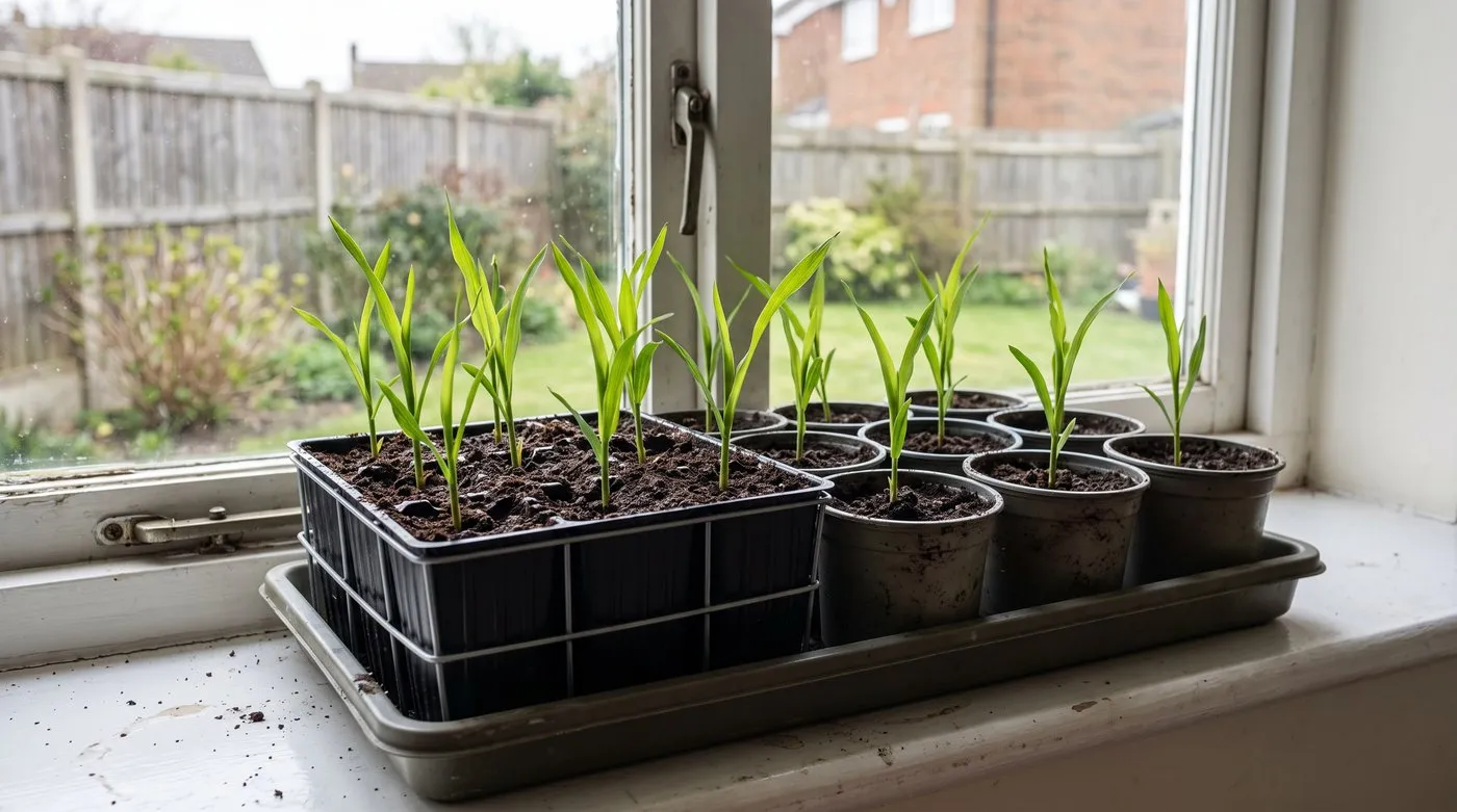 Sweetcorn seedlings growing one per deep root trainer on a bright windowsill
