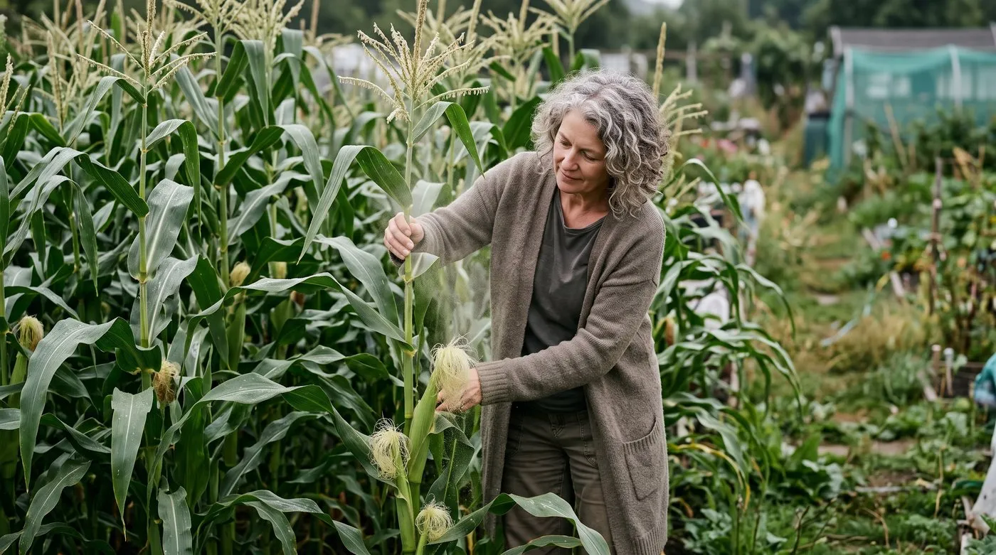 Gardener gently shaking a sweetcorn stem so pollen falls from the tassel onto the silks