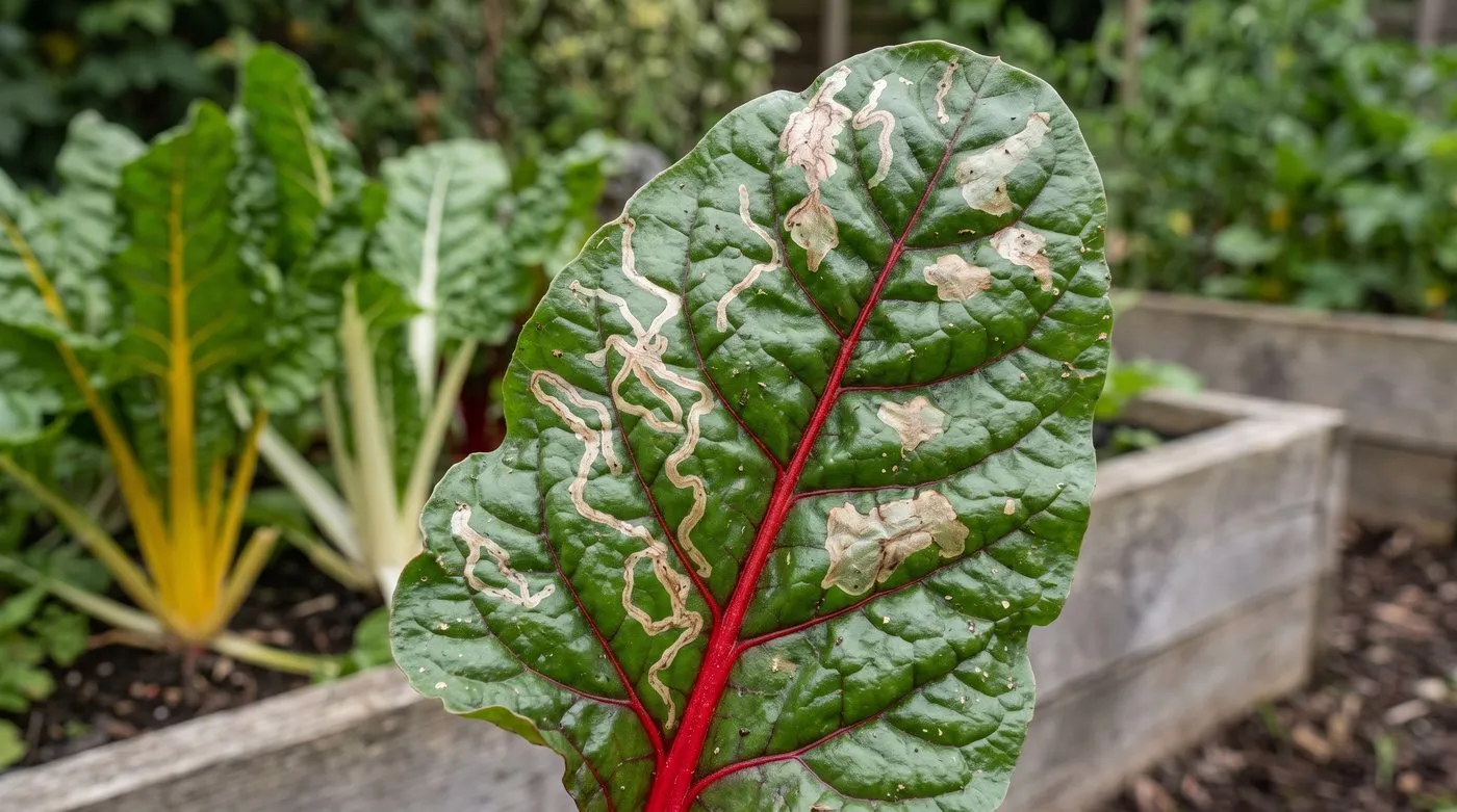 Swiss chard leaf with pale wiggly leaf miner trails and blotches