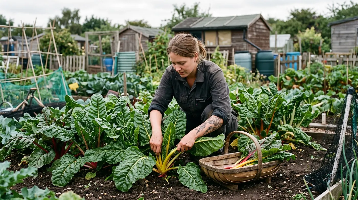 Gardener snapping the outer leaves off rainbow chard on a city allotment