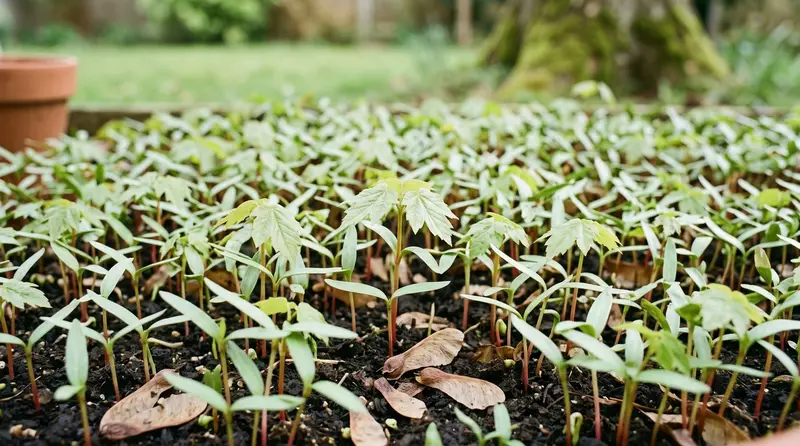 Dense carpet of sycamore seedlings with strap cotyledons and young palmate leaves across a suburban border in spring