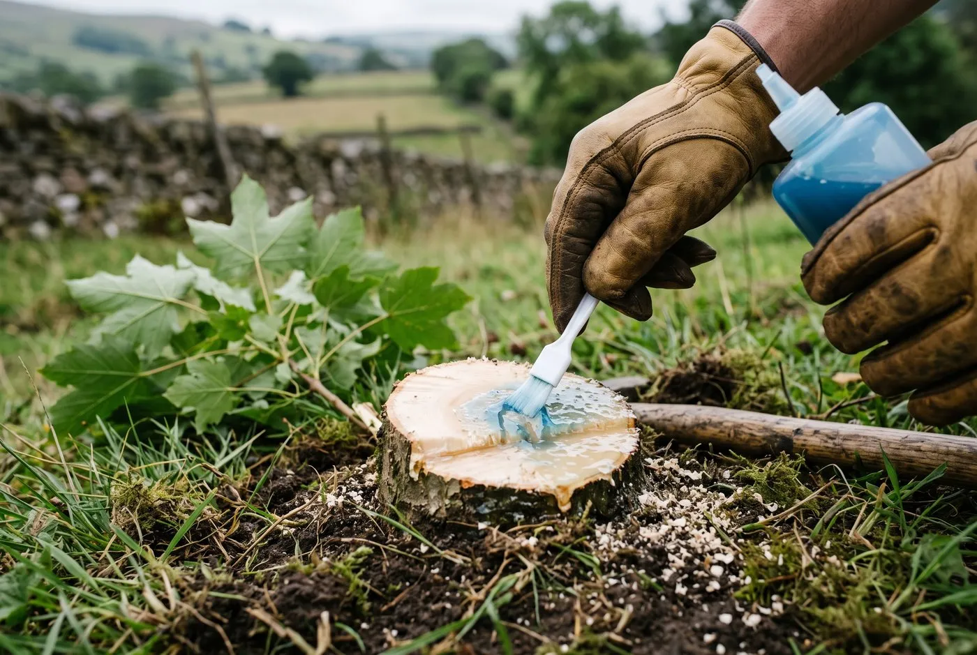 Gloved hand brushing glyphosate gel onto a freshly sawn sycamore sapling stump beside an upland drystone wall