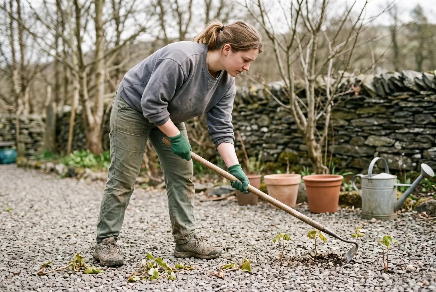 Woman in her twenties hoeing sycamore seedlings from a gravel drive, gloved hands on a long-handled hoe