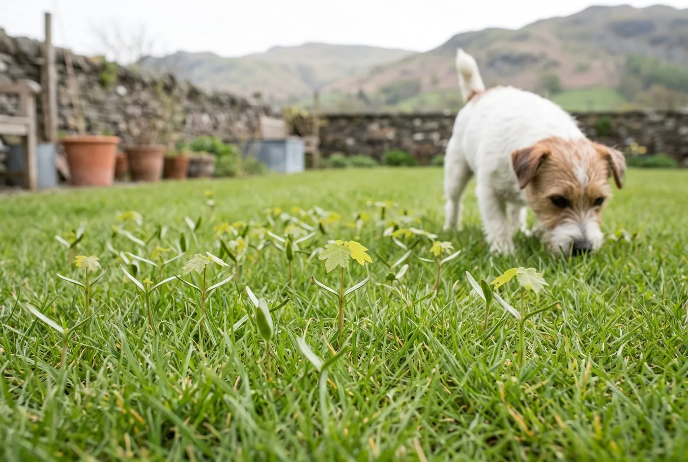Jack russell terrier sniffing a lawn dotted with small sycamore seedlings in a drystone-walled fell garden