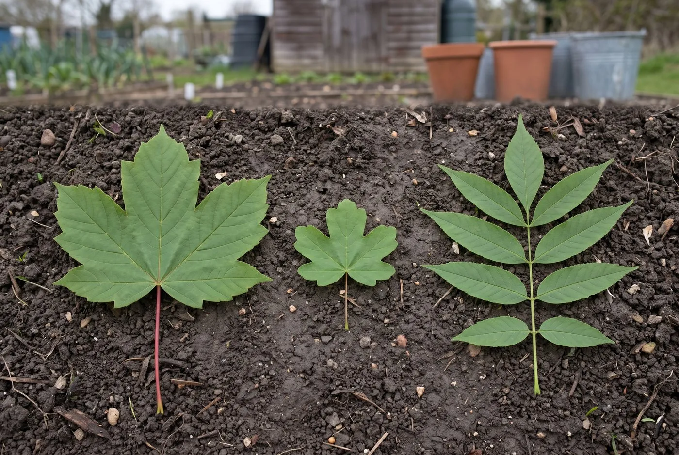 Sycamore, field maple and ash seedling leaves laid on soil at an allotment for identification
