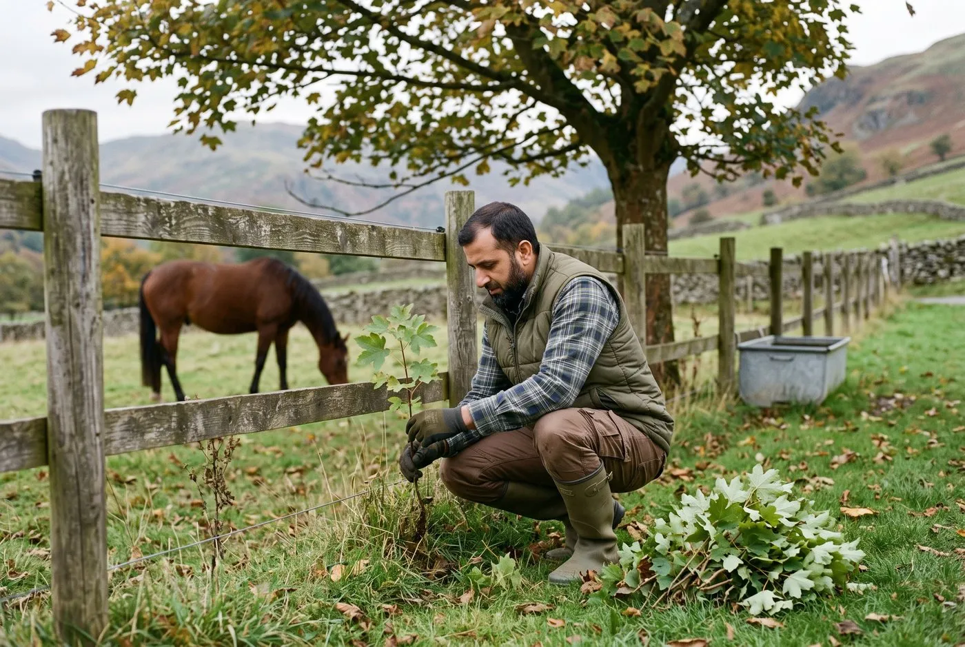 Man clearing sycamore seedlings from a paddock fence line with a horse grazing safely behind the fence