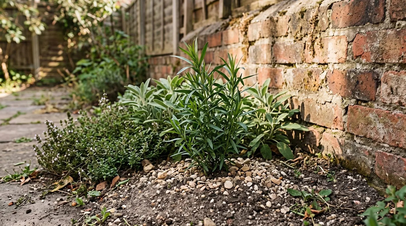 French tarragon planted on a gravel-topped mound of gritty soil against a sunny brick wall