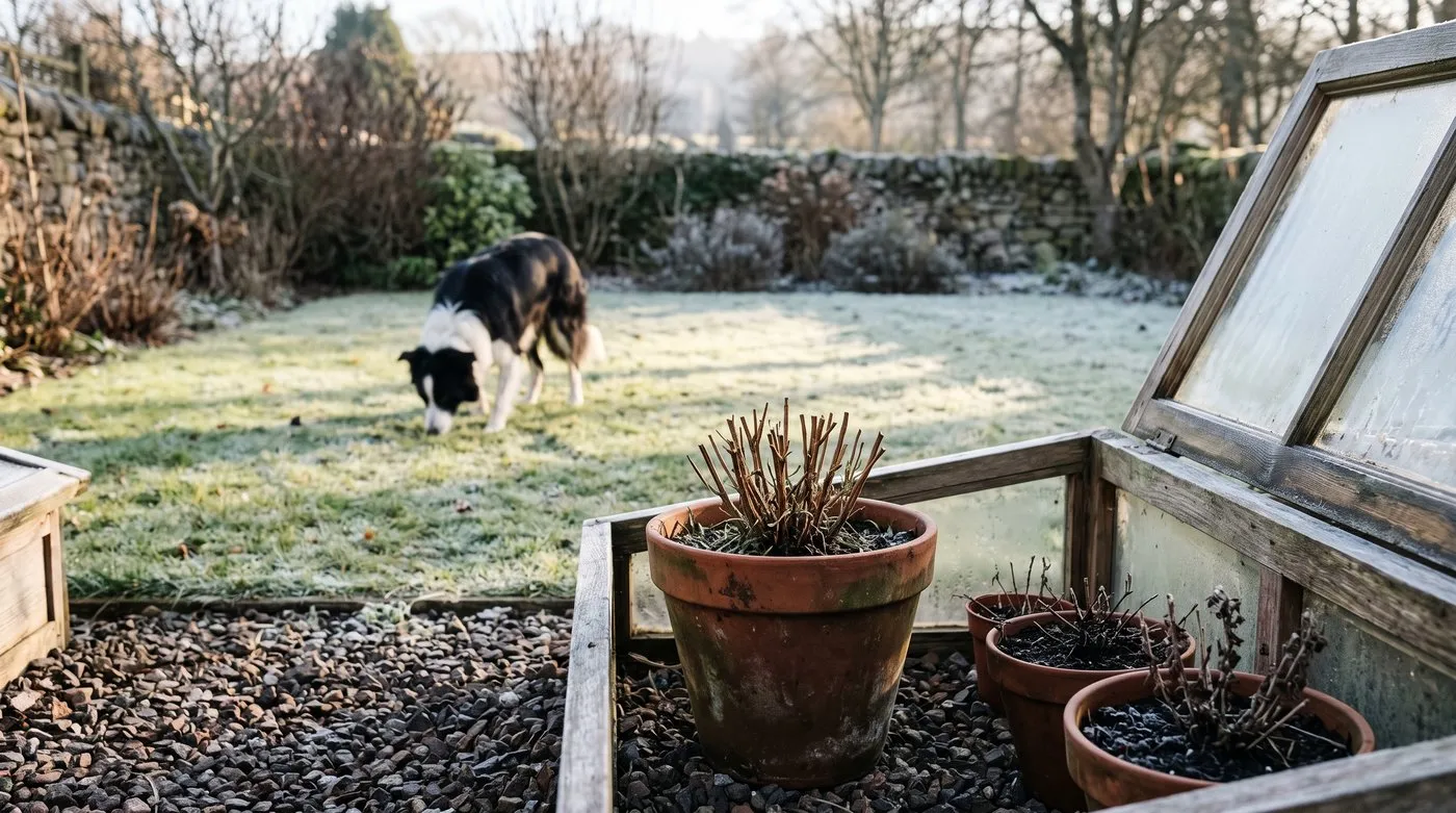 Pot of cut-back tarragon sheltering in a wooden cold frame on a frosty winter day