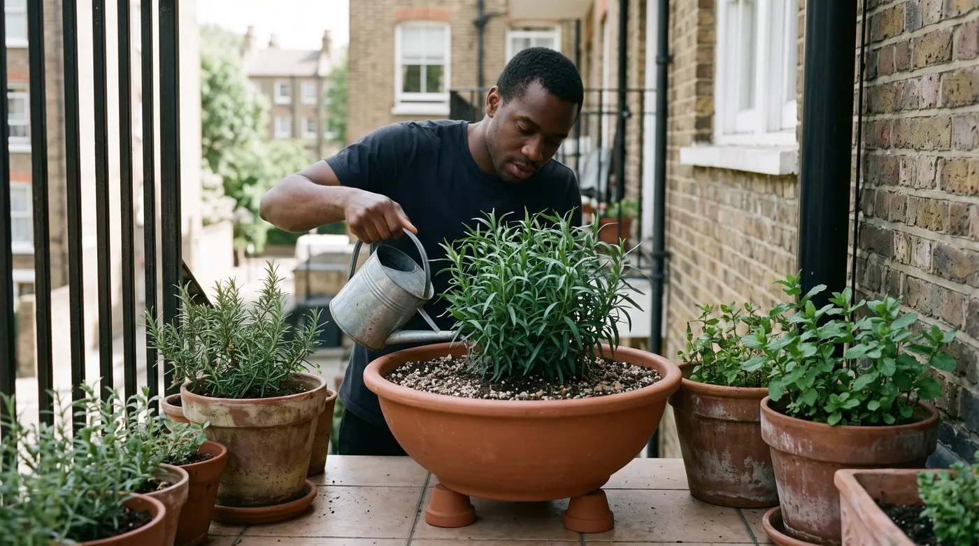Man watering French tarragon in a terracotta pot raised on pot feet on a sunny balcony