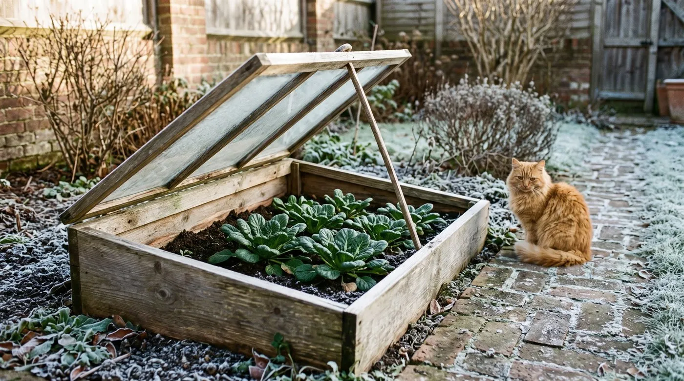 Cold frame propped open to show tatsoi rosettes on a frosty day with a ginger cat nearby