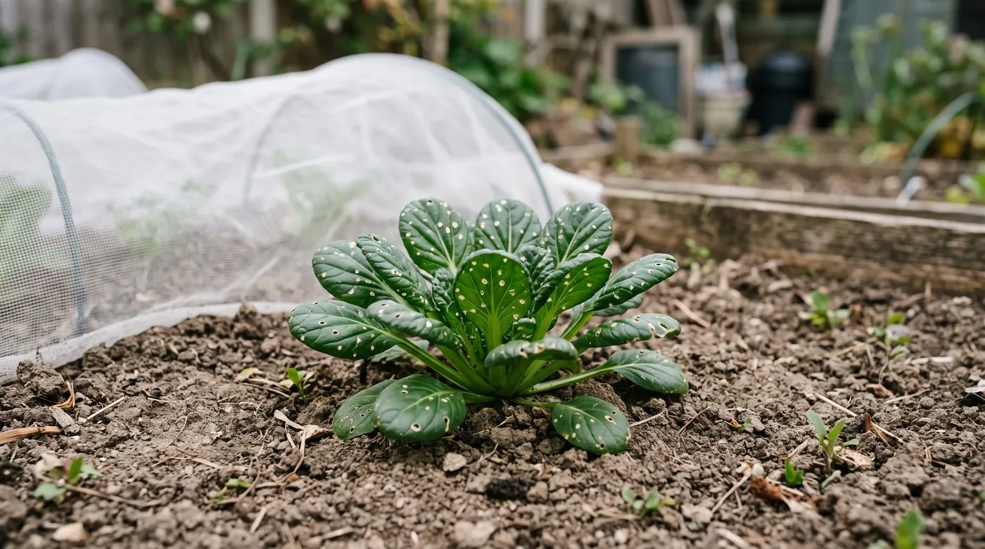Young tatsoi leaves peppered with small round flea beetle holes