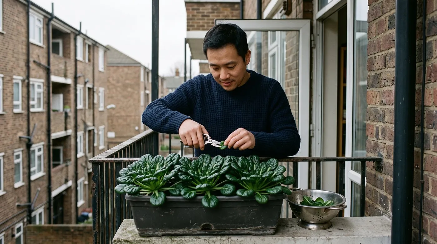 Man picking baby leaves from tatsoi rosettes in a window box on a city flat balcony
