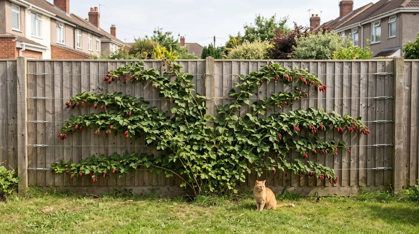 Tayberry fan-trained on wires along a sunny timber fence in a suburban back garden, with a cat on the lawn