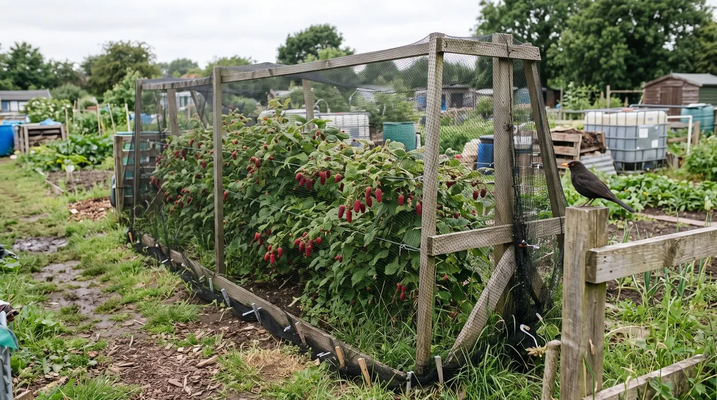 Tayberry plants on wires covered by bird netting on an allotment, with a blackbird on a post