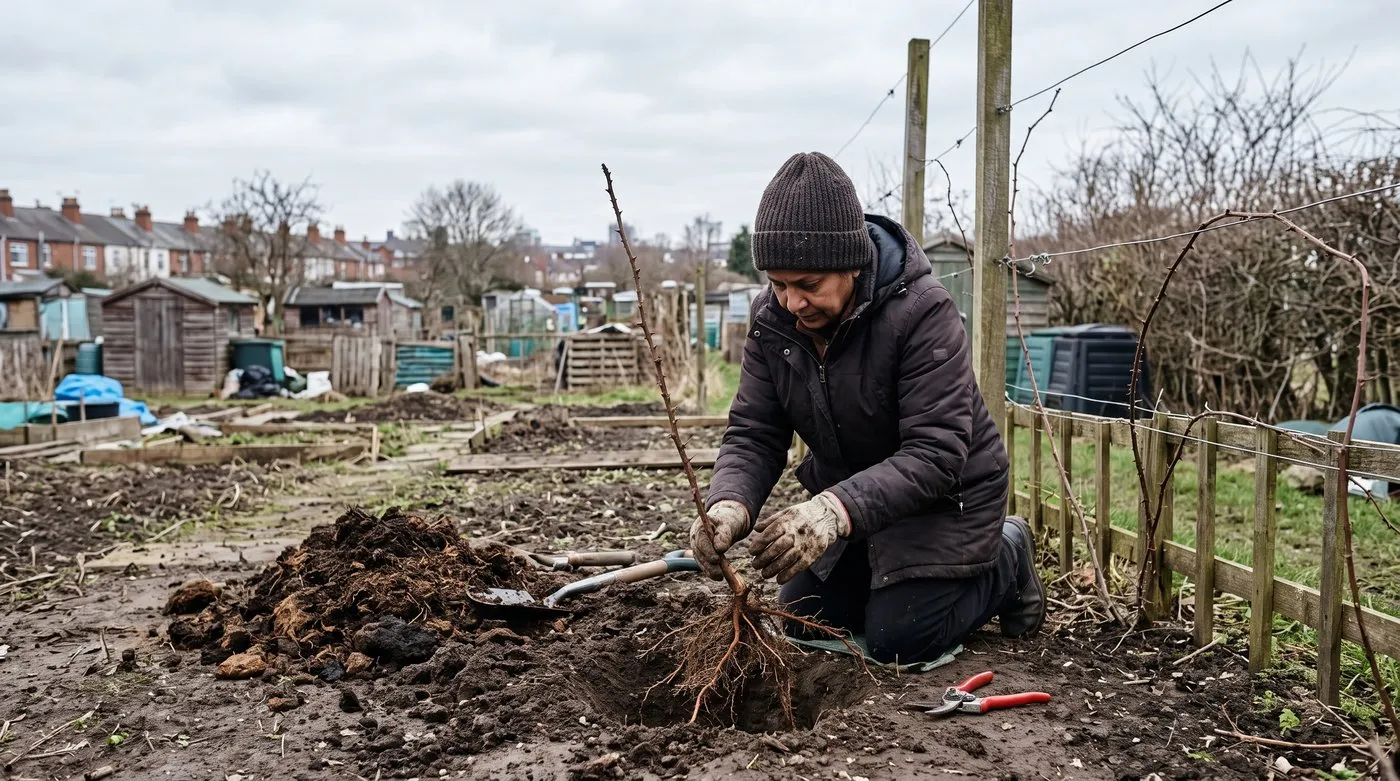 Gardener planting a bare-root tayberry cane in late winter next to a fence fitted with wires