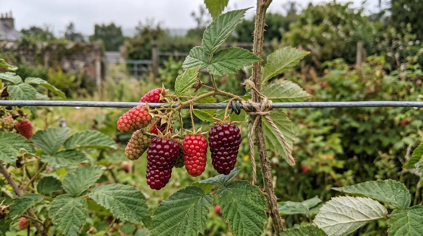 Long cone-shaped tayberries on a cane, some bright red and two ripe deep purple-red