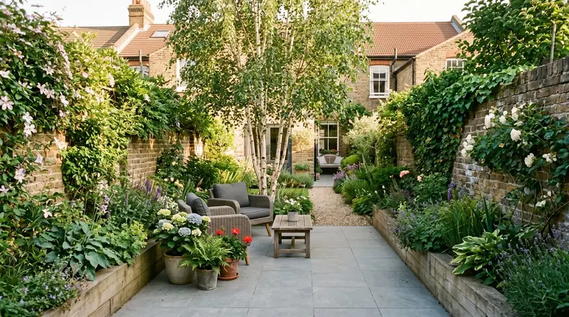 A narrow walled Victorian terraced-house back garden in the UK with brick boundary walls