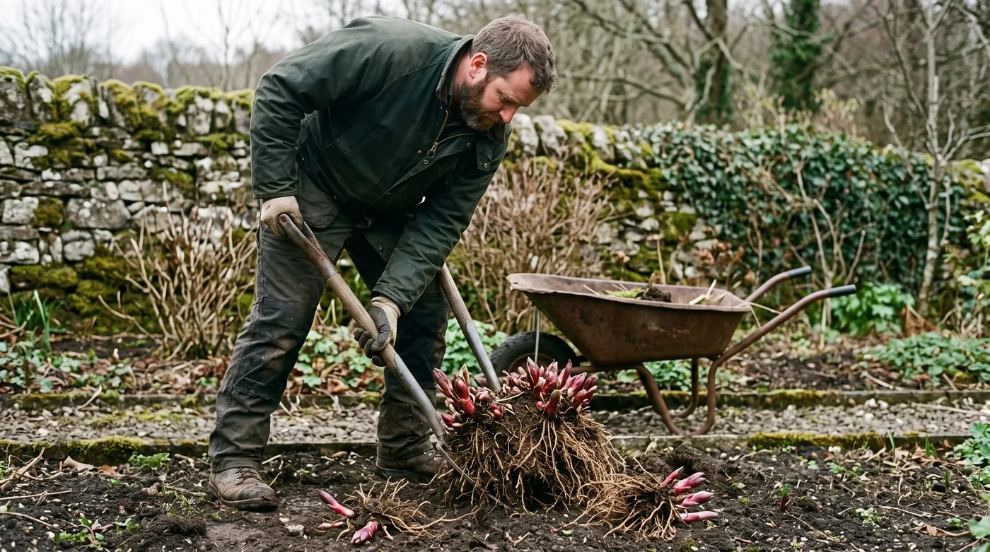 Gardener splitting a lifted thalictrum clump with two forks back to back in early spring