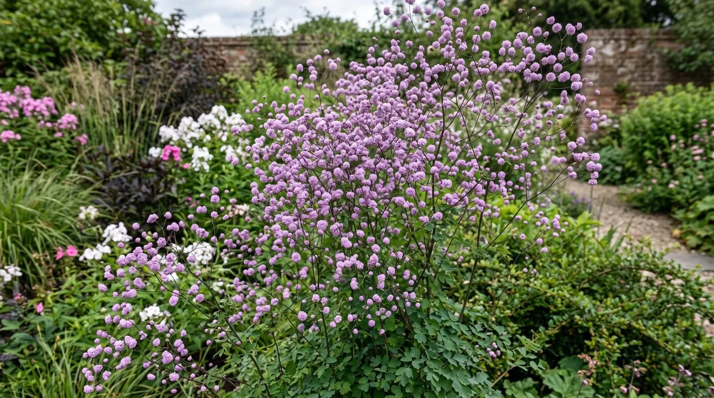 Thalictrum Hewitt's Double with a cloud of tiny lilac flowers on wiry stems