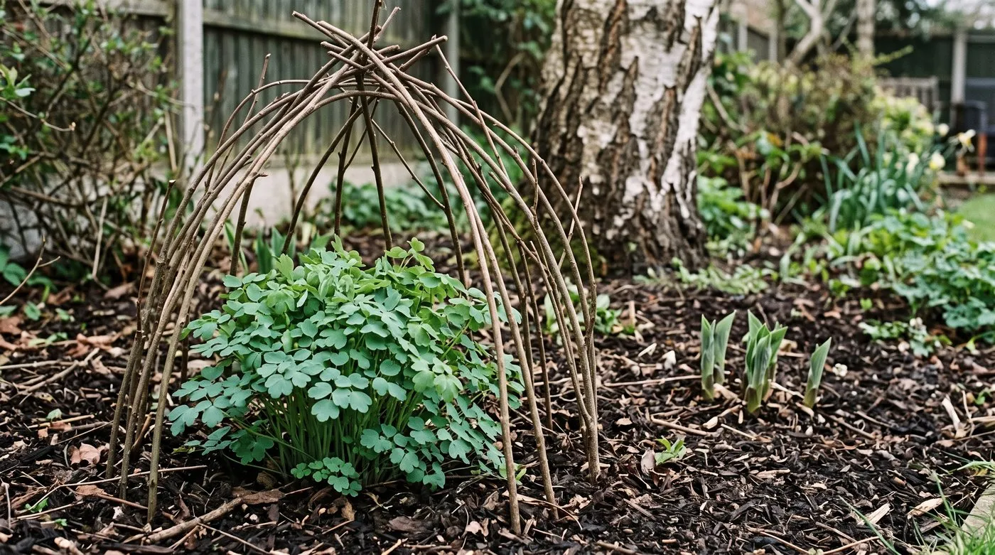 Young thalictrum shoots surrounded by twiggy hazel pea sticks in a spring border