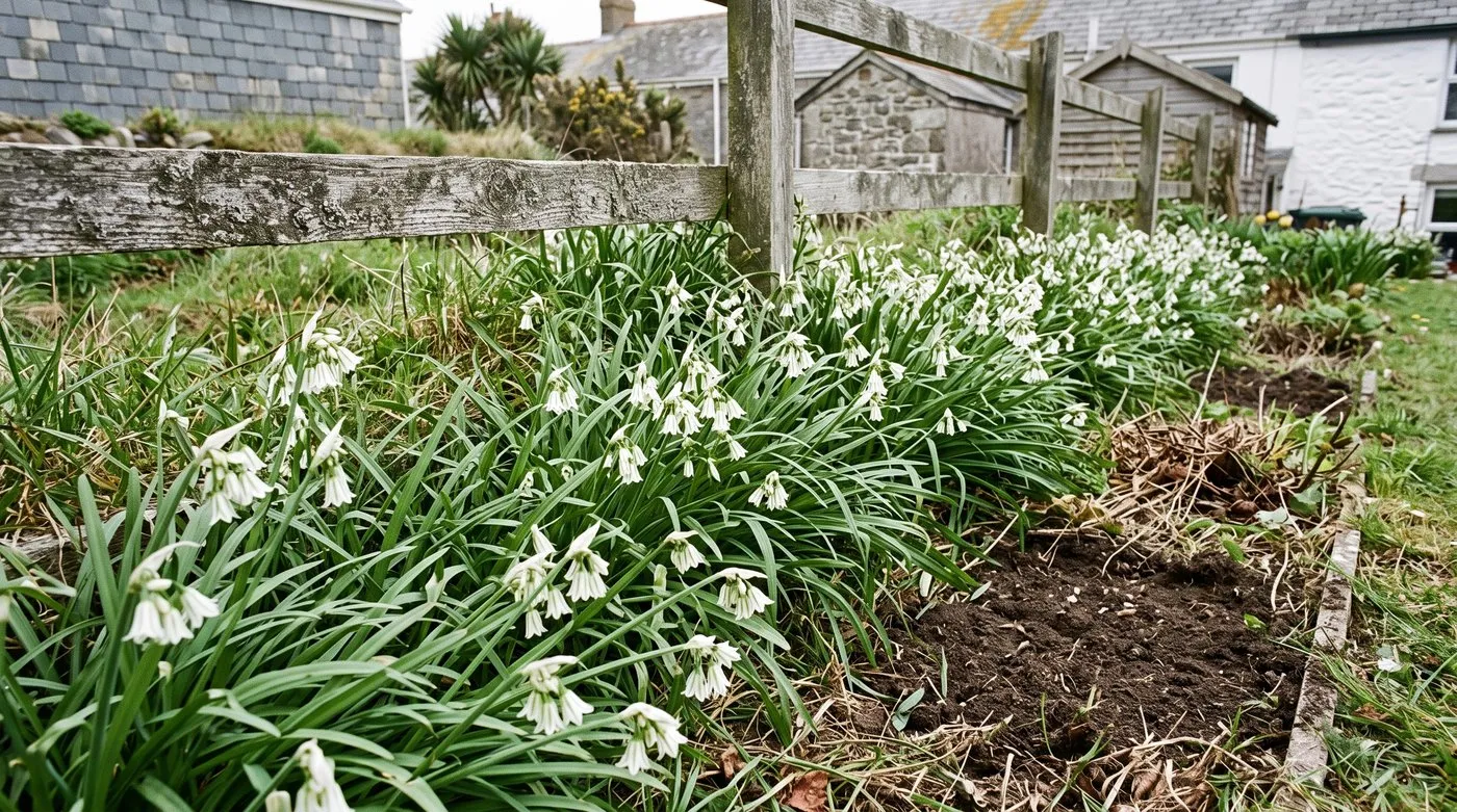 Three-cornered garlic spreading under a garden fence from a neighbouring bank into a border