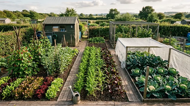 Small UK allotment with three distinct vegetable beds for a 3-year crop rotation plan in summer