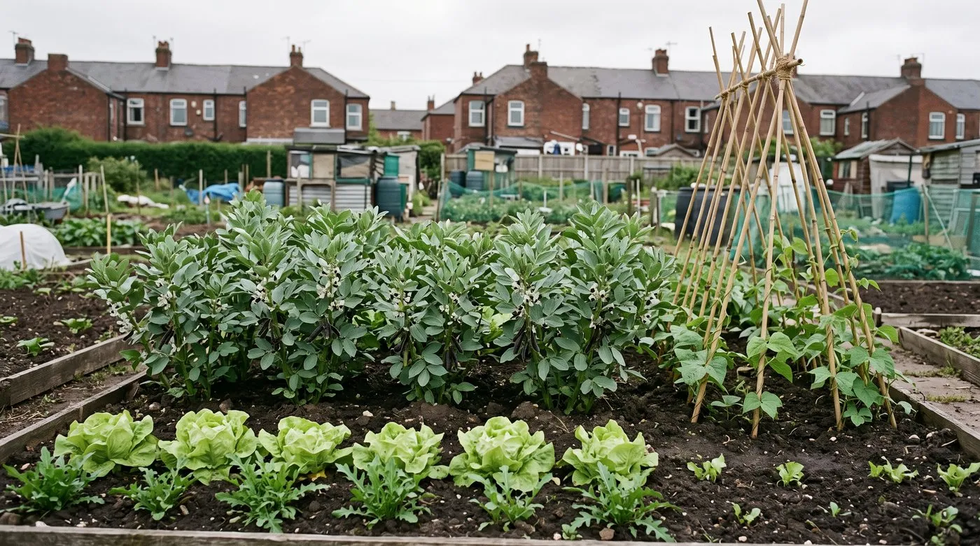 Allotment legume bed with broad beans in double rows, a runner bean wigwam and lettuces in between