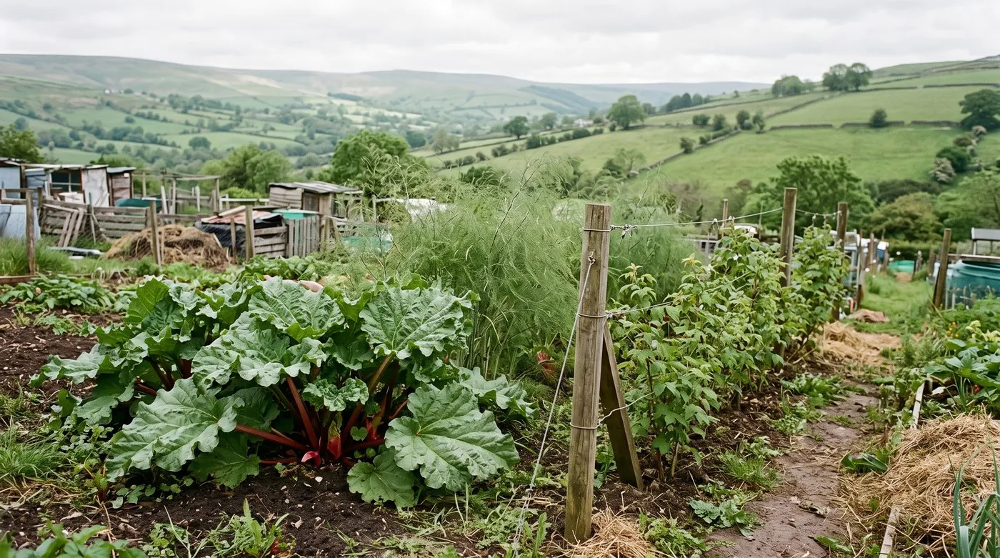 Permanent allotment bed with rhubarb, asparagus fronds and raspberry canes along the plot edge