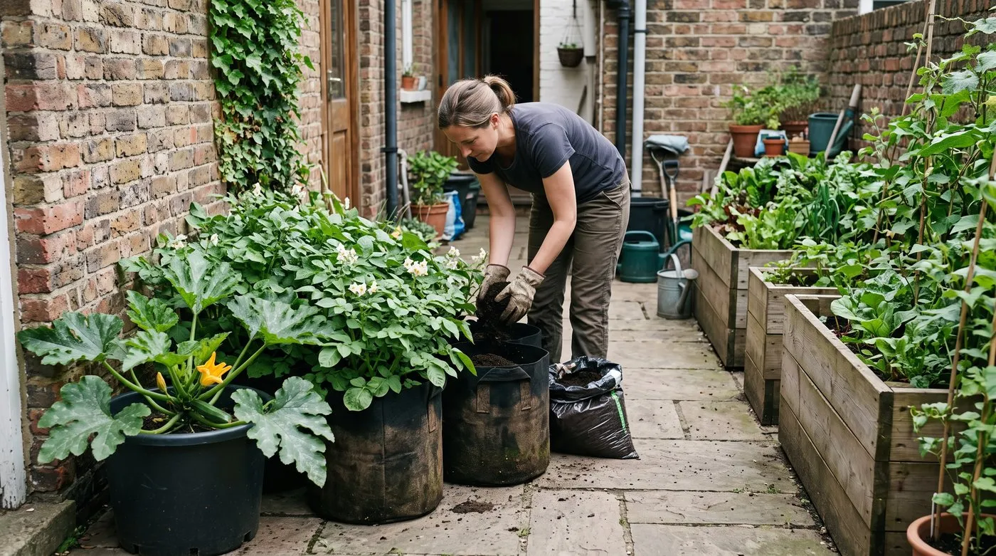 Gardener topping up potato grow bags with compost beside a courgette in a pot in a small courtyard